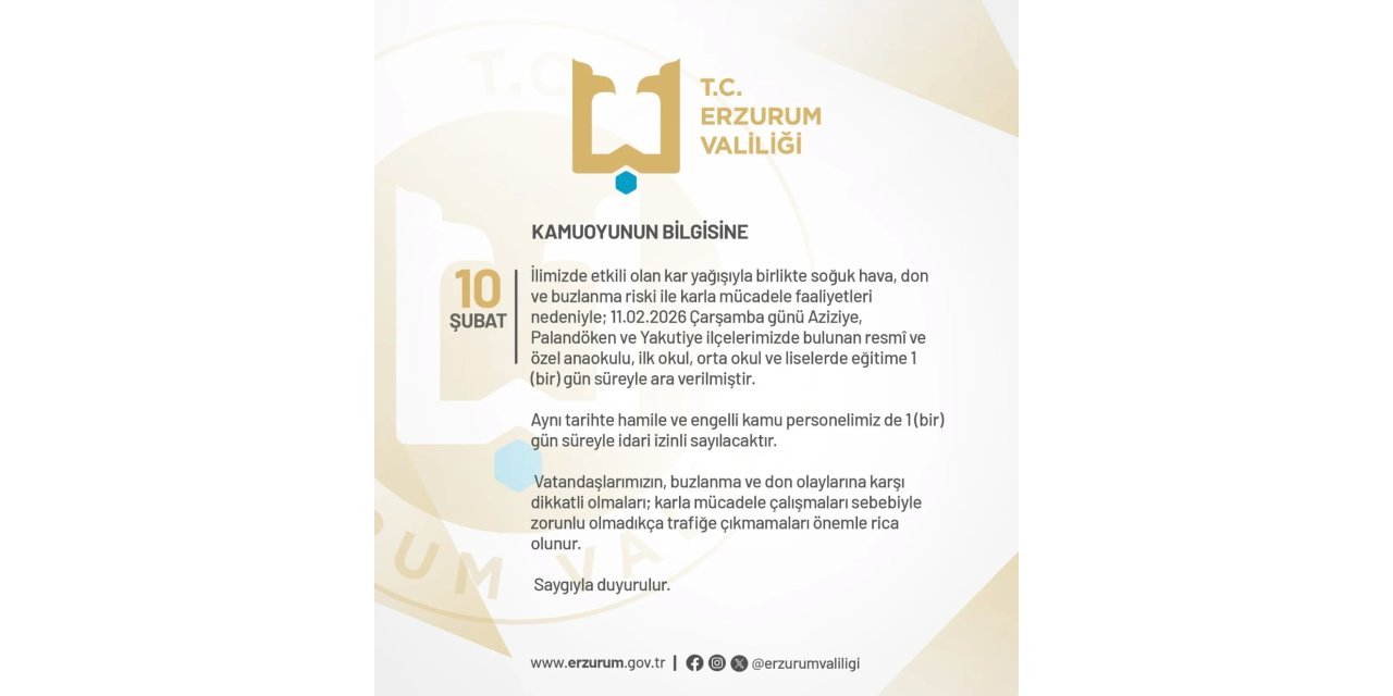 Erzurum’da eğitime bir gün ara verildi