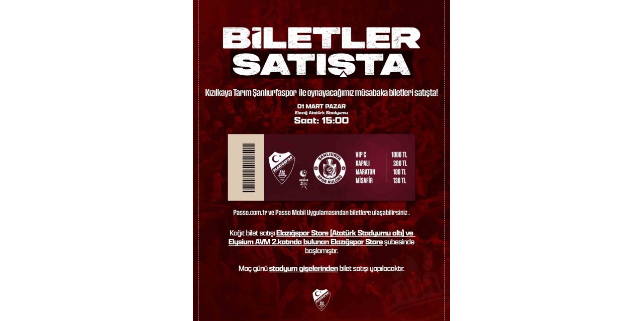 Elazığspor - Şanlıurfaspor maç biletleri satışta