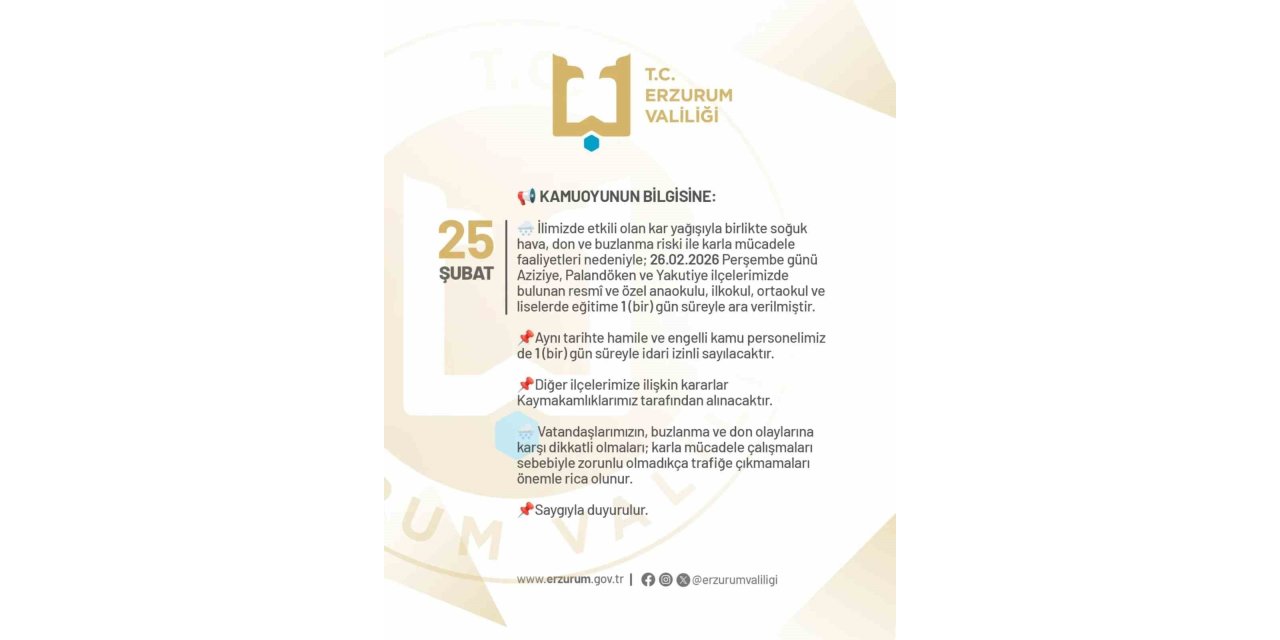 Erzurum’da okullara bir gün kar tatili