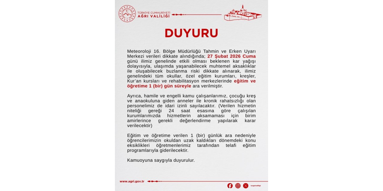 Ağrı’da eğitime kar engeli