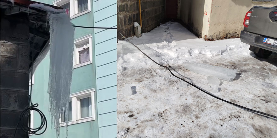Kars’ta dev buz sarkıtı elektrik kablosunu kopardı