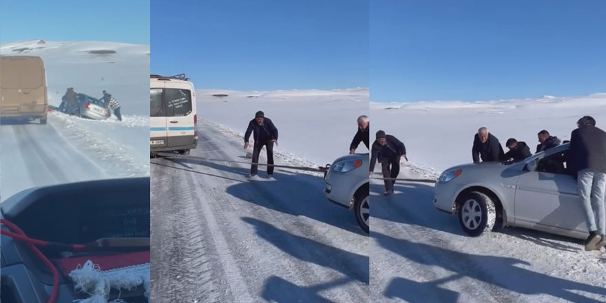 Kars'ta kara saplanan aracı köylüler el birliğiyle kurtardı