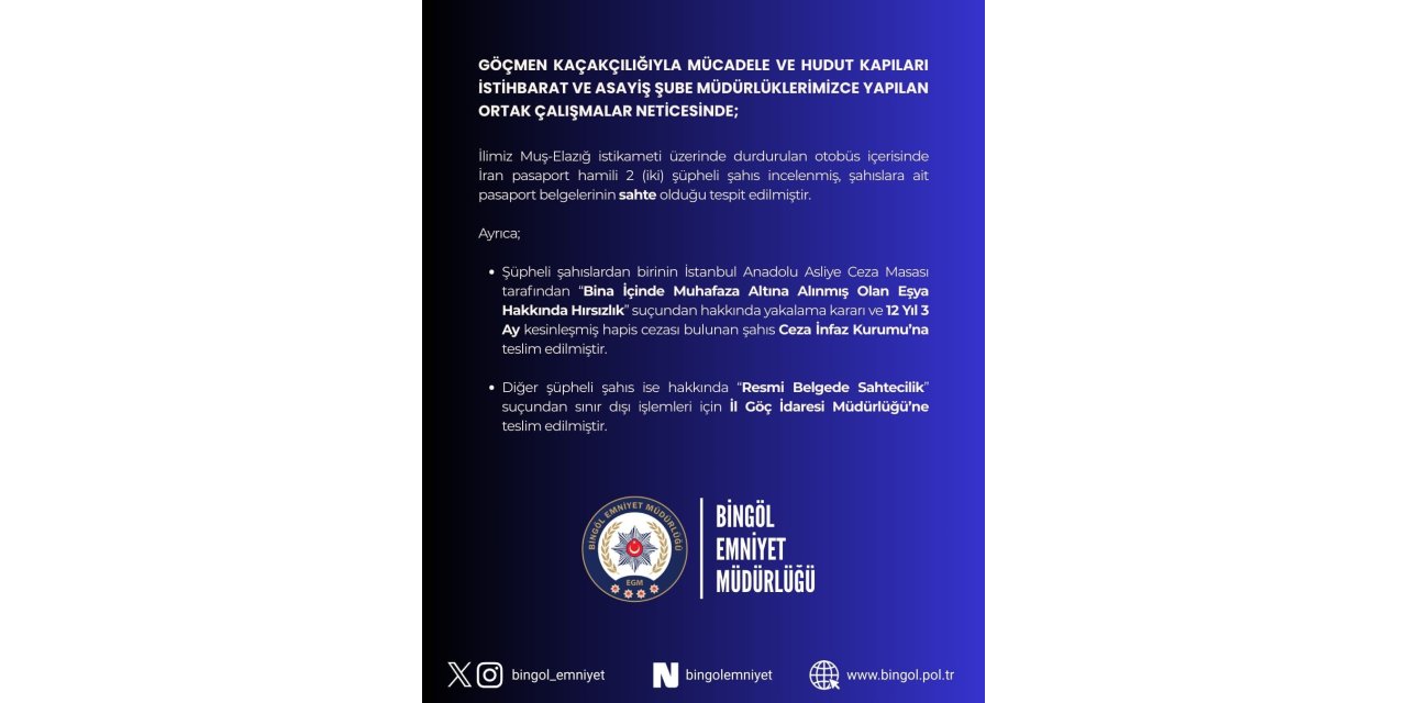 Bingöl’de sahte pasaportlu 2 şüpheli yakalandı