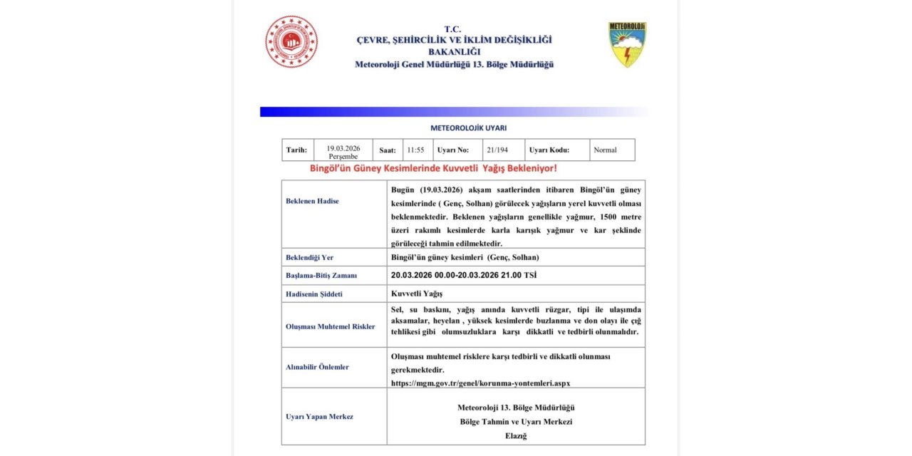 Meteorolojiden  Bingöl için kuvvetli yağış uyarısı