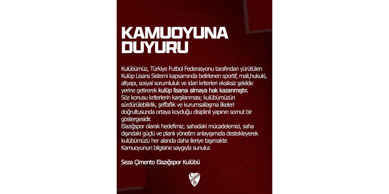 Elazığspor, kulüp lisansı almaya hak kazandı