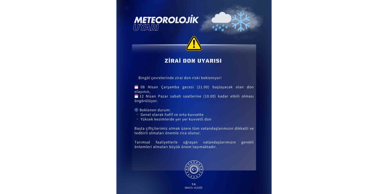 Meteoroloji’den Bingöl için zirai don uyarısı