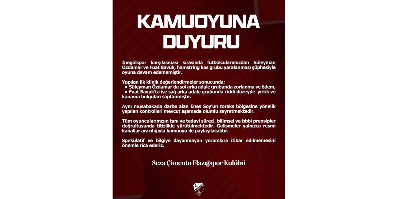 Elazığspor’dan sakat futbolculara ilişkin açıklama