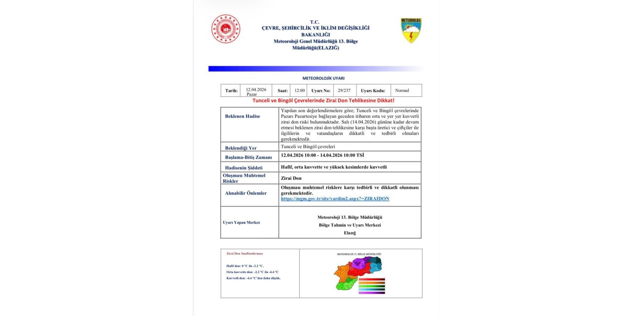Meteorolojiden  Bingöl ve Tunceli için zirai don uyarısı