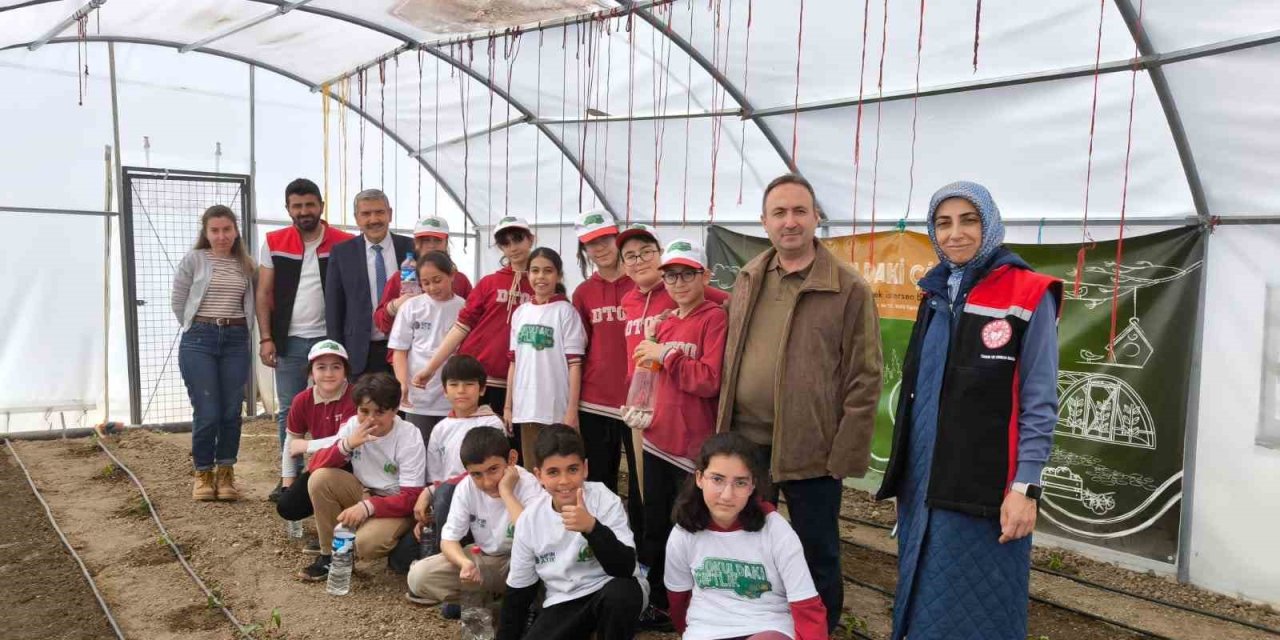 Demirkent TOKİ İlkokulu’nda öğrenciler serada fide dikti