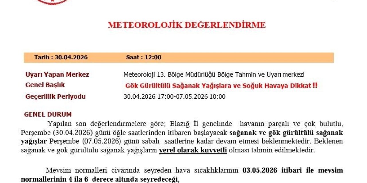 Elazığ için kuvvetli yağış uyarısı