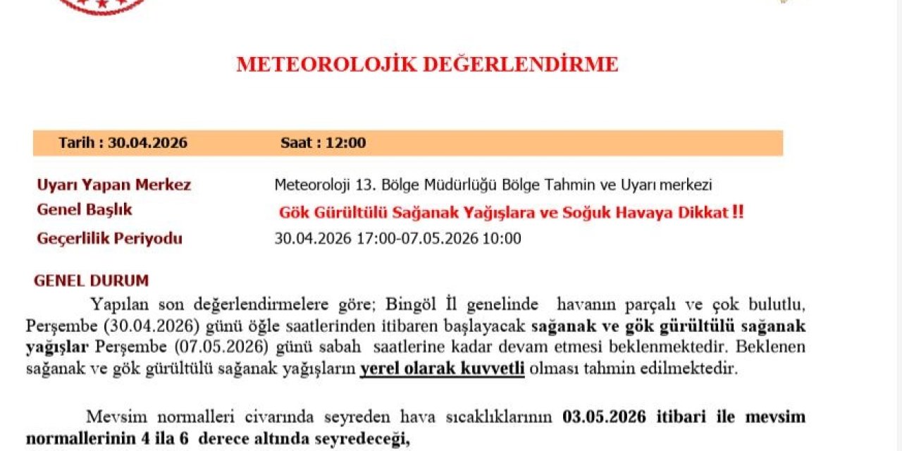 Bingöl için sağanak yağış uyarısı