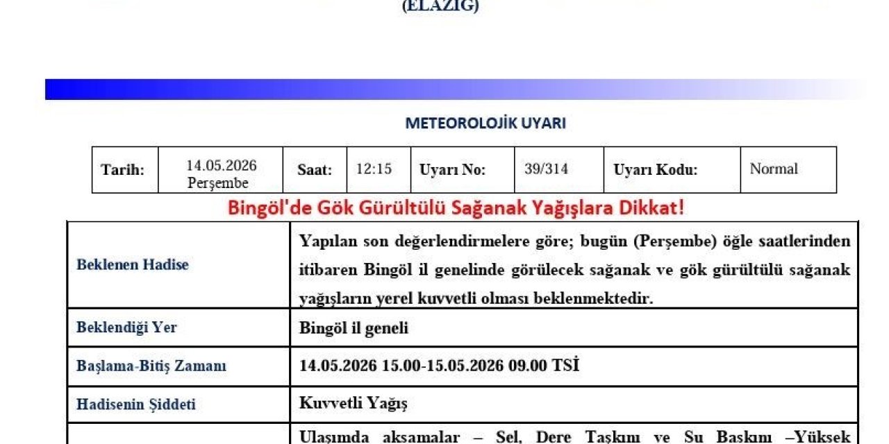 Bingöl için sağanak yağış uyarısı