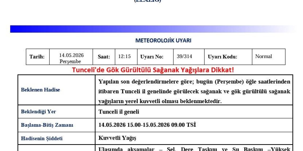 Tunceli için sağanak yağış uyarısı
