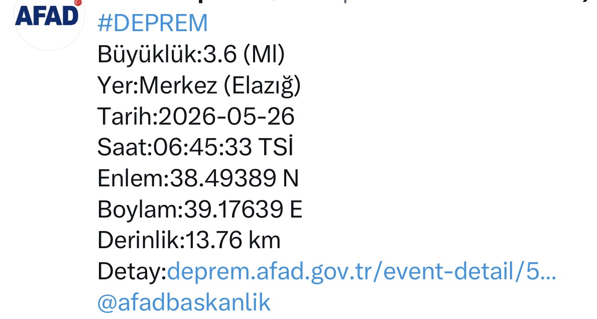 Elazığ’da 3.6 büyüklüğünde deprem