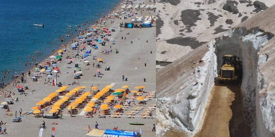 Antalya'nın yaylalarında karla mücadele, sahilinde deniz keyfi