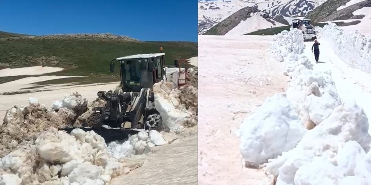 Hakkari’de yaz günü 3 metreyi bulan karda yol açma çalışması