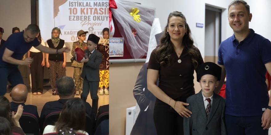 Minik öğrencinin bayrak anına babasından sahnede destek