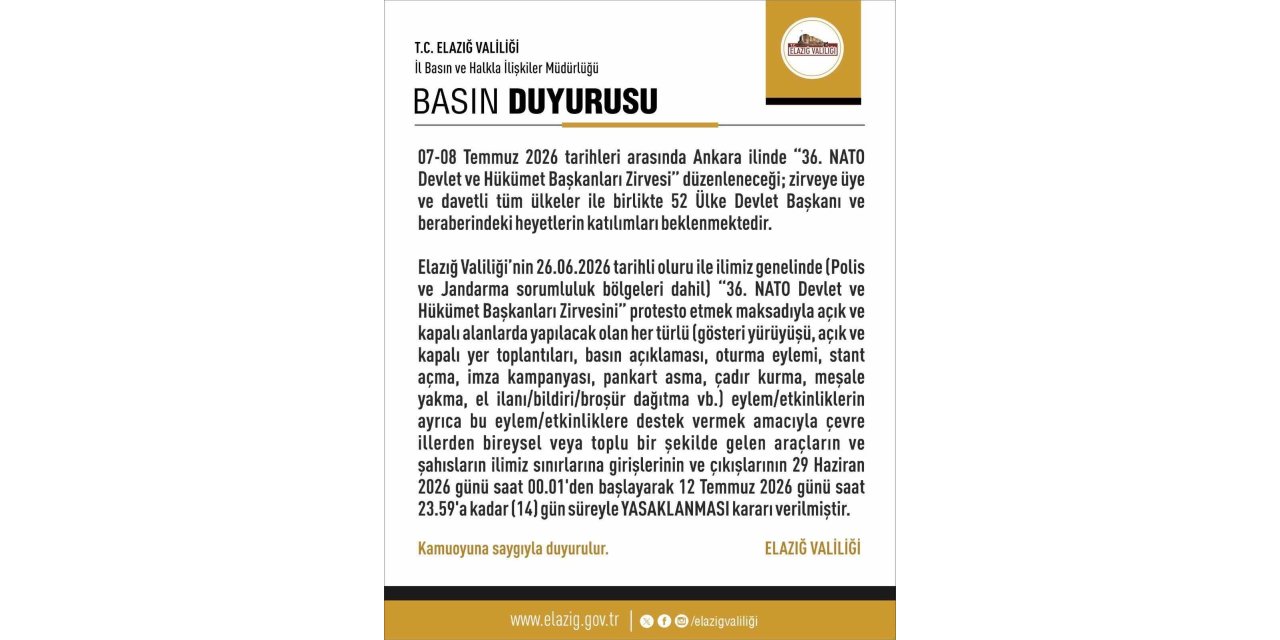 Elazığ’da 14 günlük eylem yasağı