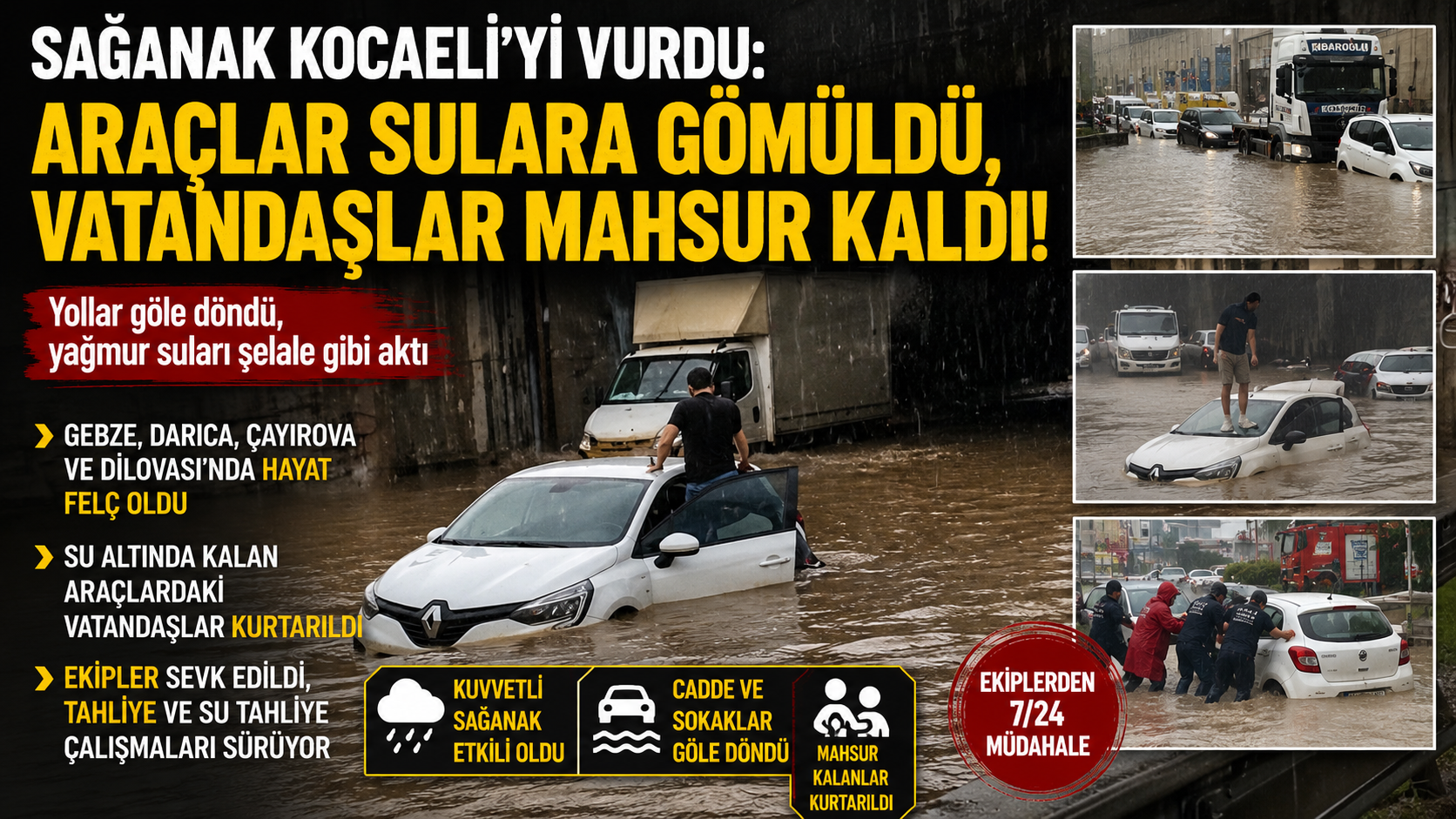 Sağanak Kocaeli'yi Vurdu: Araçlar Sulara Gömüldü, Vatandaşlar Mahsur Kaldı
