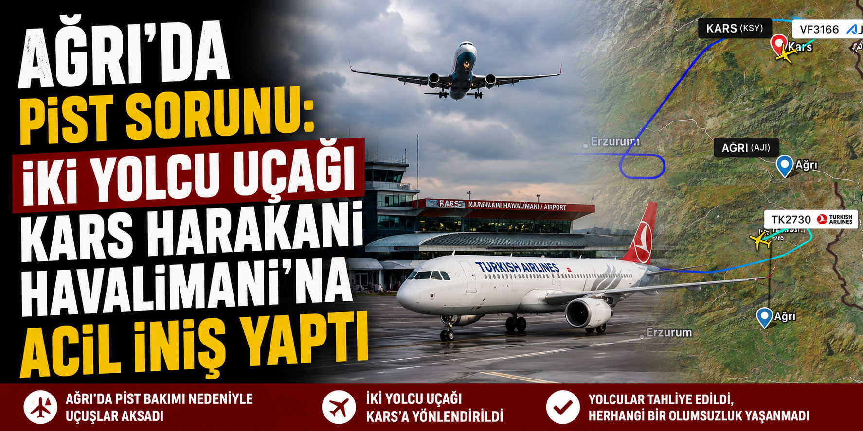 Ağrı'da Pist Sorunu: İki Yolcu Uçağı Kars Harakani Havalimanı'na Acil İniş Yaptı