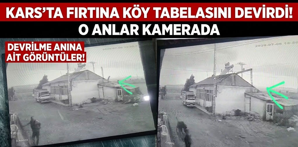 Kars'ta Fırtına  Köy  Tabelasını Devirdi; O Anlar Kamerada