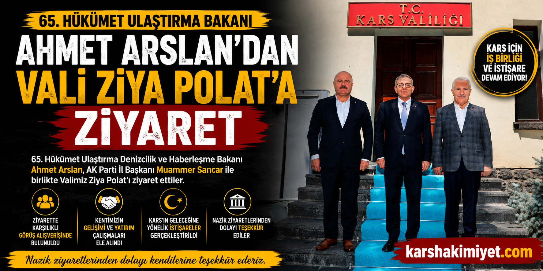 65. Hükümet Ulaştırma Bakanı Ahmet Arslan'dan Vali Ziya Polat'a Ziyaret