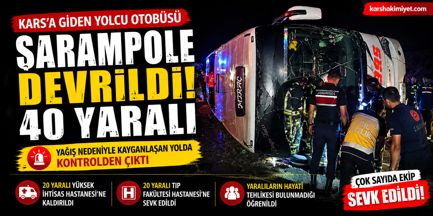 Kars'a Giden Yolcu Otobüsü Şarampole Devrildi: 40 Yaralı
