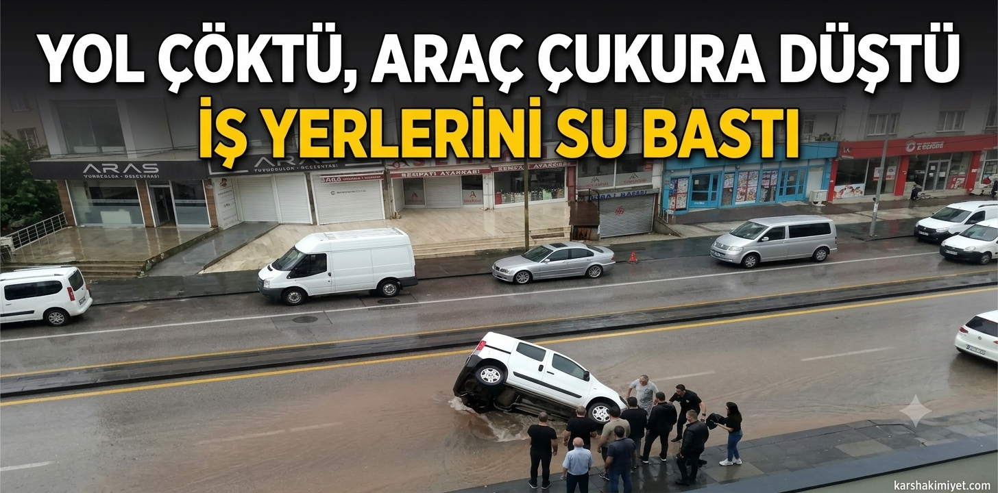 Yol Çöktü, Araç Çukura Düştü, İş Yerlerini Su Bastı