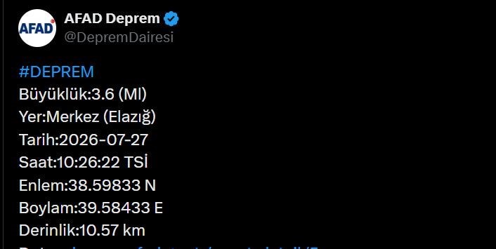 Elazığ’da 3.6  büyüklüğünde deprem
