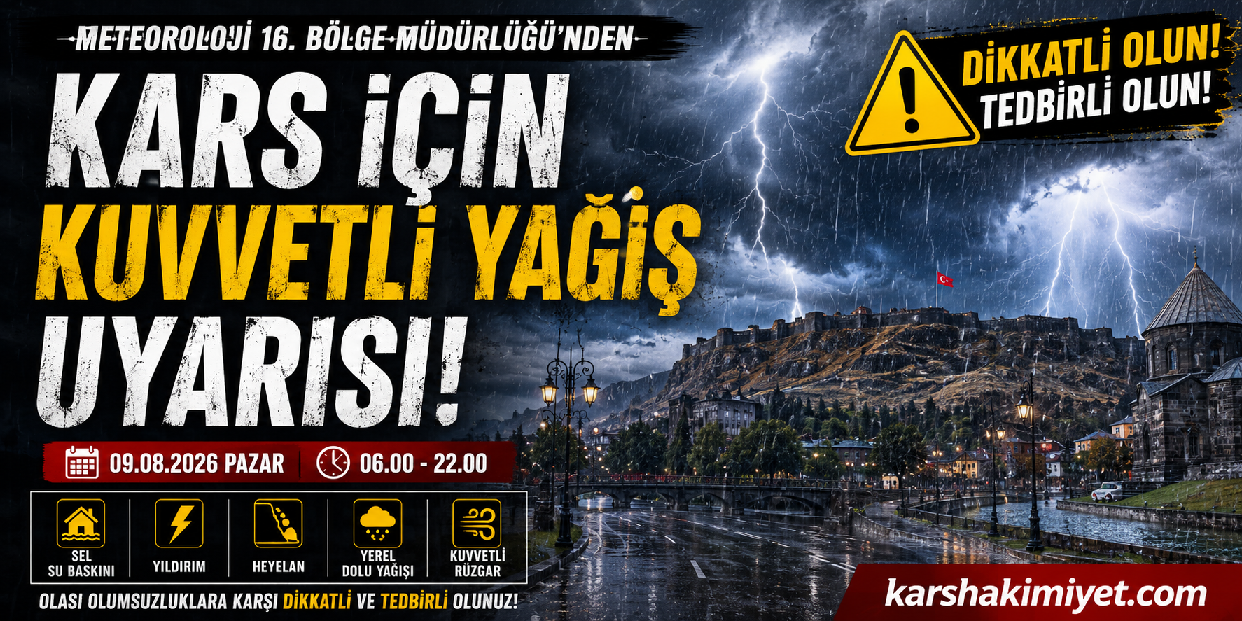 Meteoroloji 16. Bölge Müdürlüğü’nden Kars İçin Kuvvetli Yağış Uyarısı