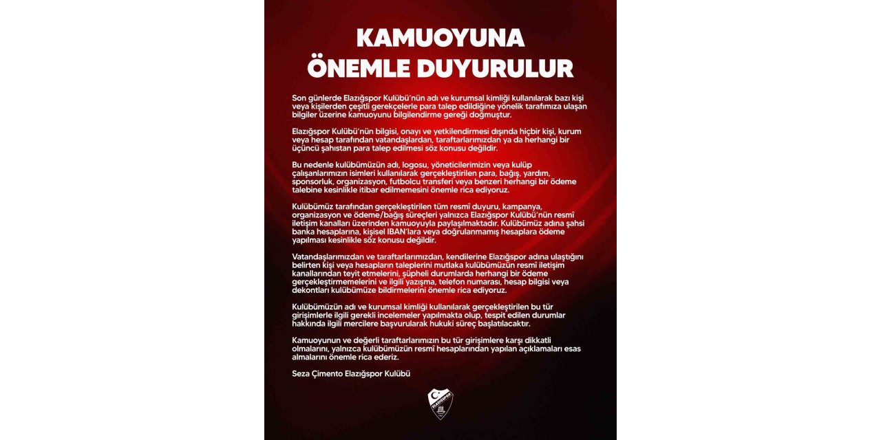 Elazığspor’dan dolandırıcılık uyarısı