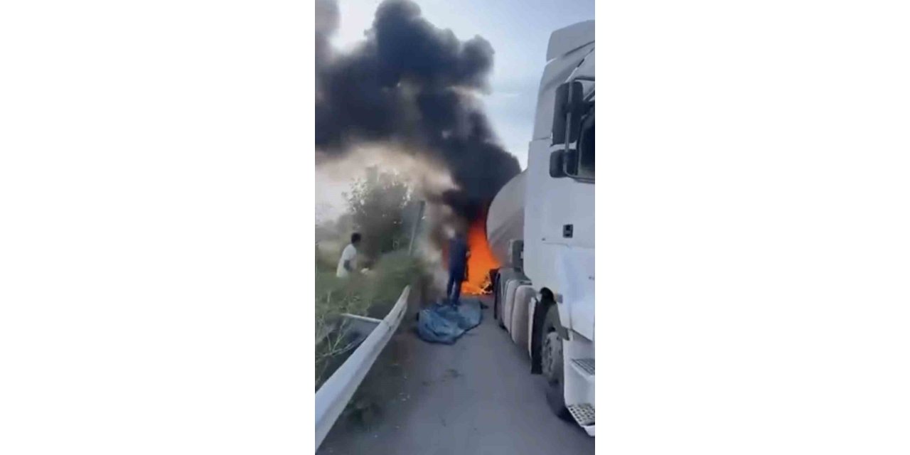 Iğdır’da seyir halindeki tankerin lastikleri alev aldı
