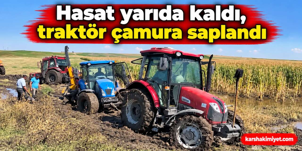Kars’ta mısır hasadı yarıda kaldı, traktör çamura saplandı