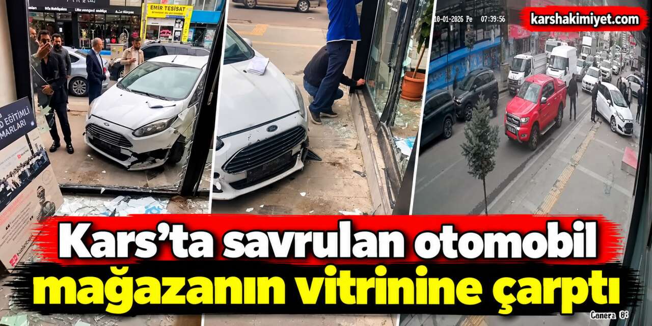 Kars’ta savrulan otomobil mağazanın vitrinine çarptı