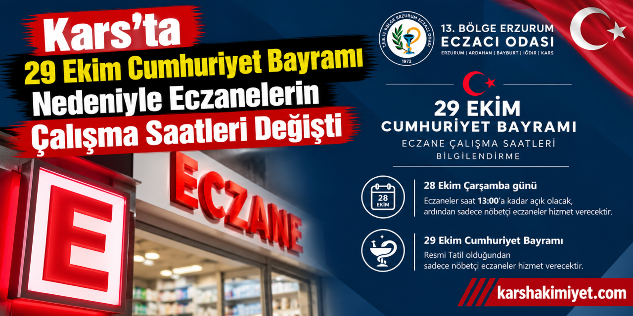 Kars’ta 29 Ekim Cumhuriyet Bayramı Nedeniyle Eczanelerin Çalışma Saatleri Değişti