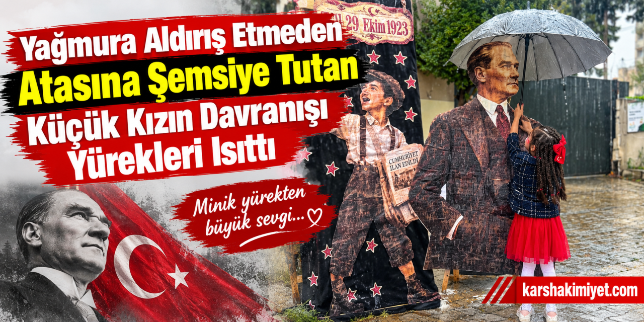 Yağmura aldırış etmeden Atasına şemsiye tutan küçük kızın davranışı yürekleri ısıttı