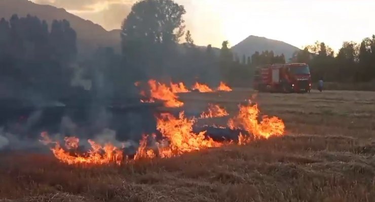 Anız yangını itfaiyenin müdahalesiyle söndürüldü