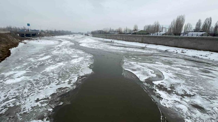 Ağrı’da dondurucu soğuklar nedeniyle Murat Nehri buz tuttu