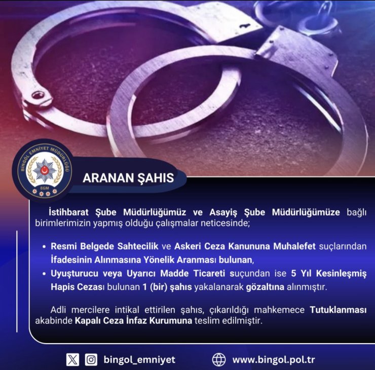 Bingöl’de kesinleşmiş hapis cezası bulunan zanlı yakalandı