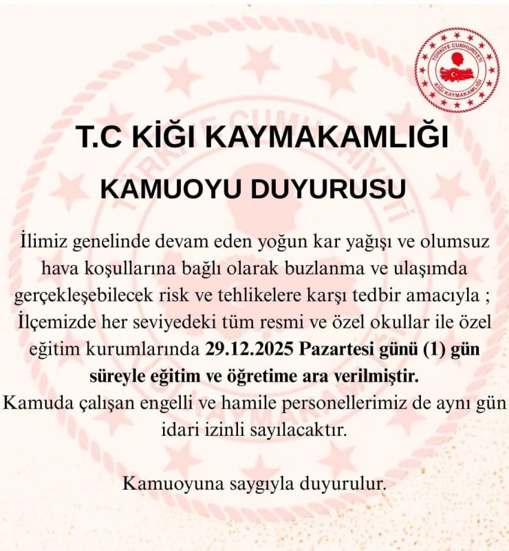 Bingöl’ün 2 ilçesinde eğitime 1 gün ara verildi